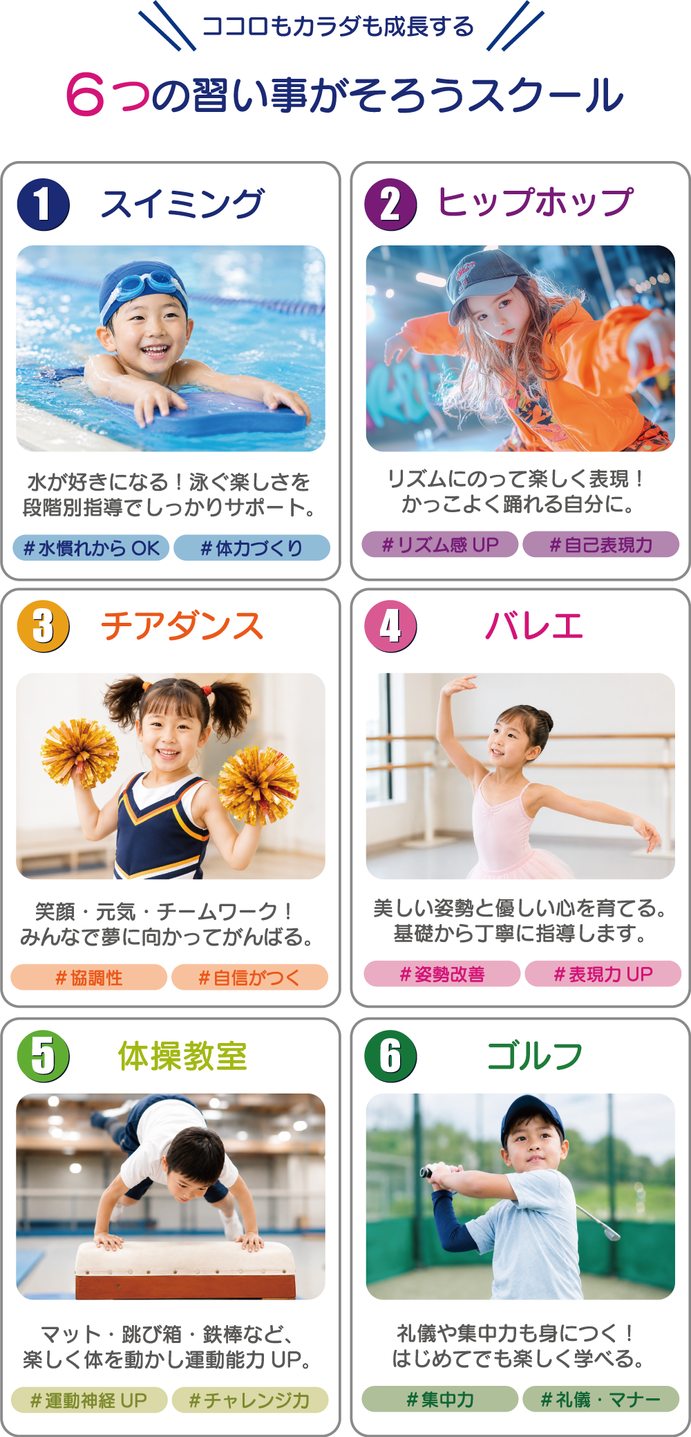 ココロもカラダも成長する６つの習い事がそろうスクール。1スイミング、2ヒップホップ、3チアダンス、4バレエ、5体操教室、6ゴルフ